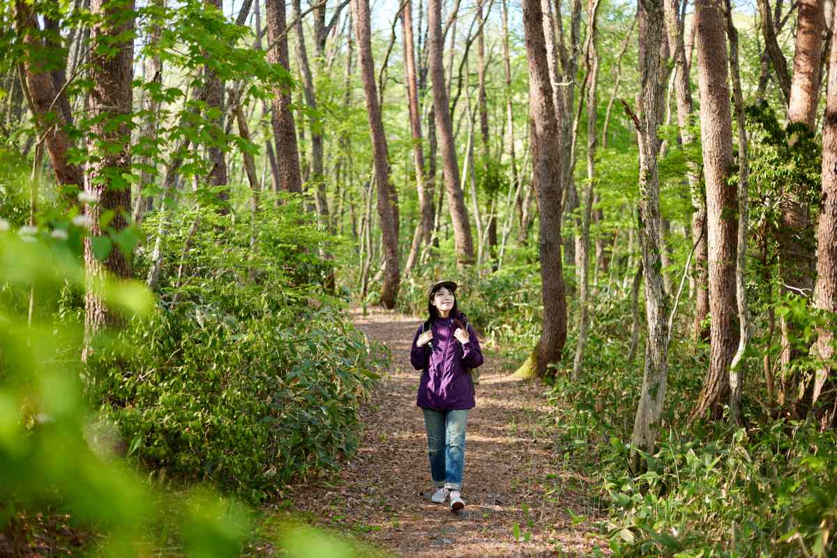 Japan in her 30s enjoying hiking in the early summer forest on her holiday