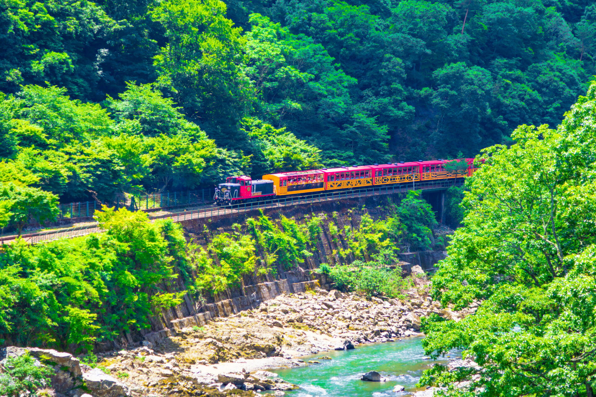 新緑の中を爽快に走る嵯峨野トロッコ列車