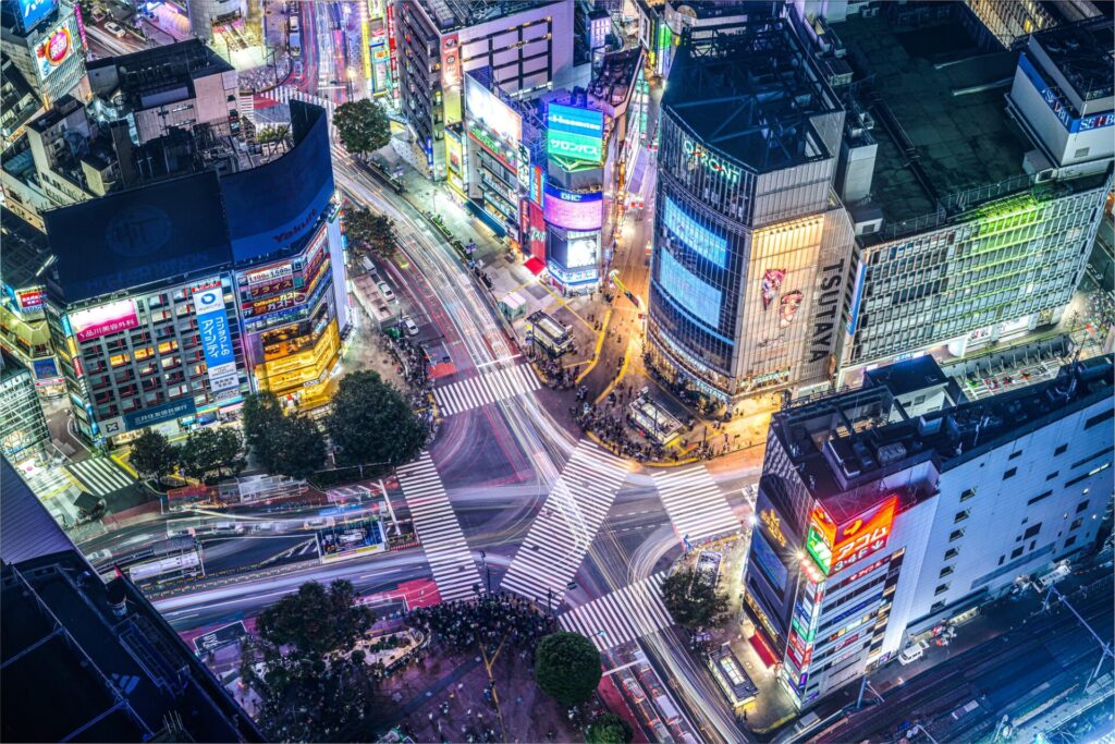 渋谷スクランブル交差点の夜景