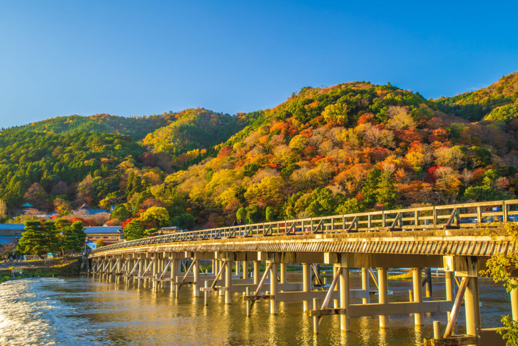 秋の紅葉が美しい渡月橋と嵐山