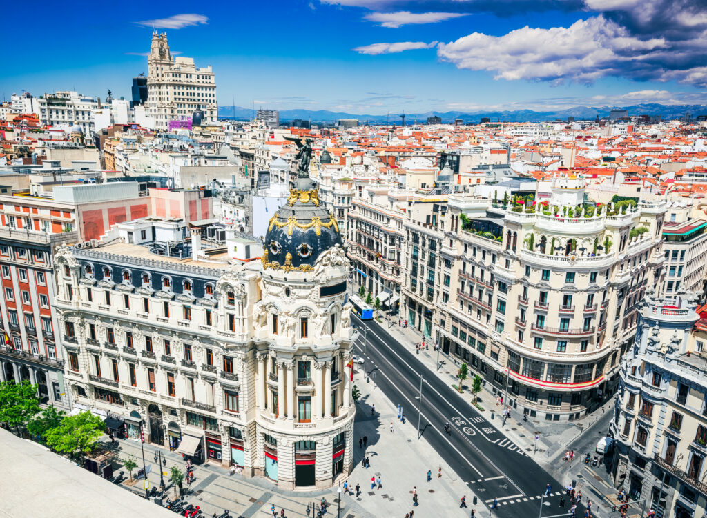 Madrid, Spain. Skyline of Madrid with Edificio Metropolis and Gran Via
