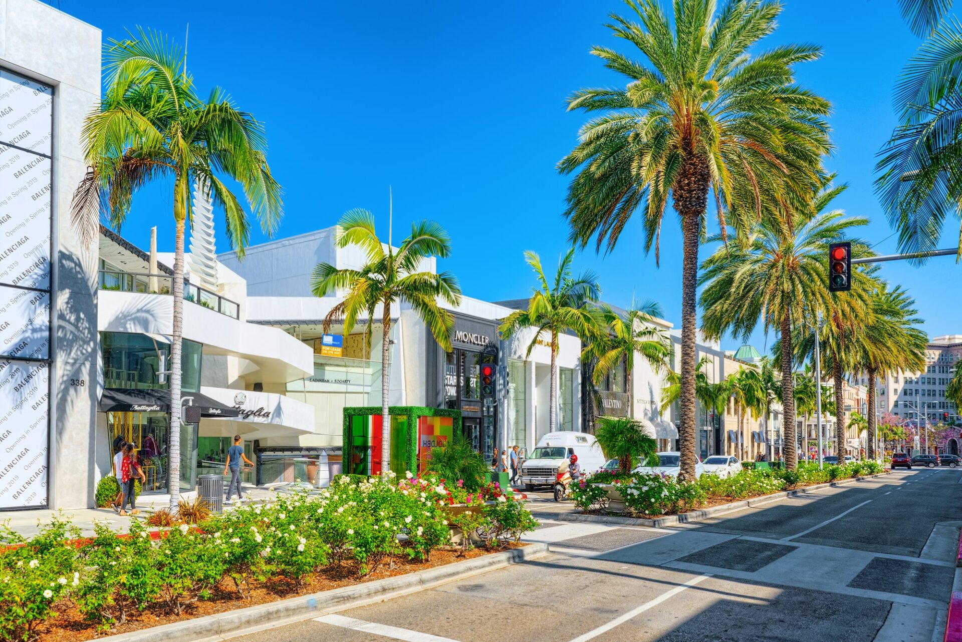 ロサンゼルスの観光スポット、ハリウッド通りに並ぶヤシの木