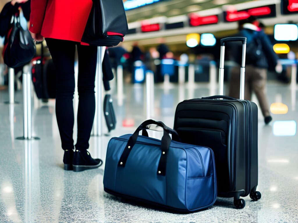 空港内で荷物のキャリーケースとバックを置く女性
