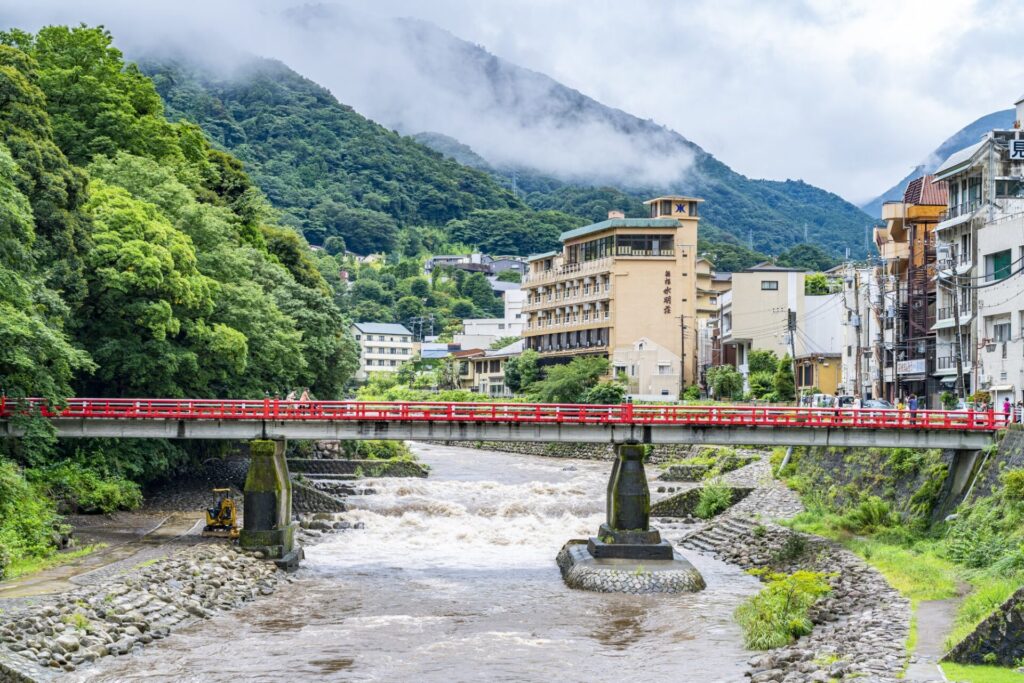 箱根湯本の街並みとあじさい橋