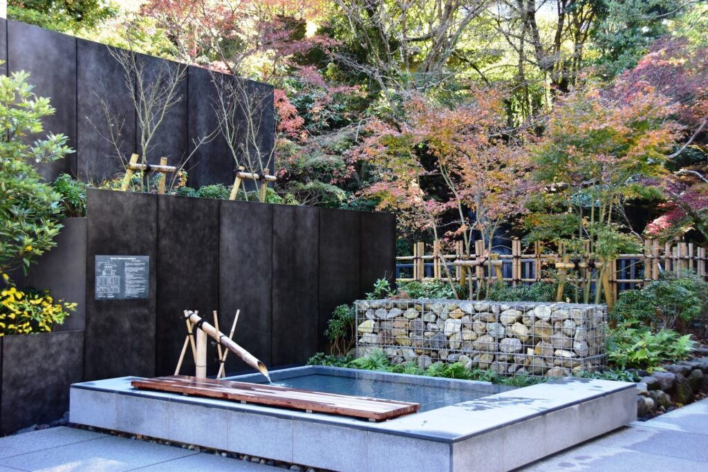 万葉公園湯河原惣湯玄関テラスの足湯と紅葉