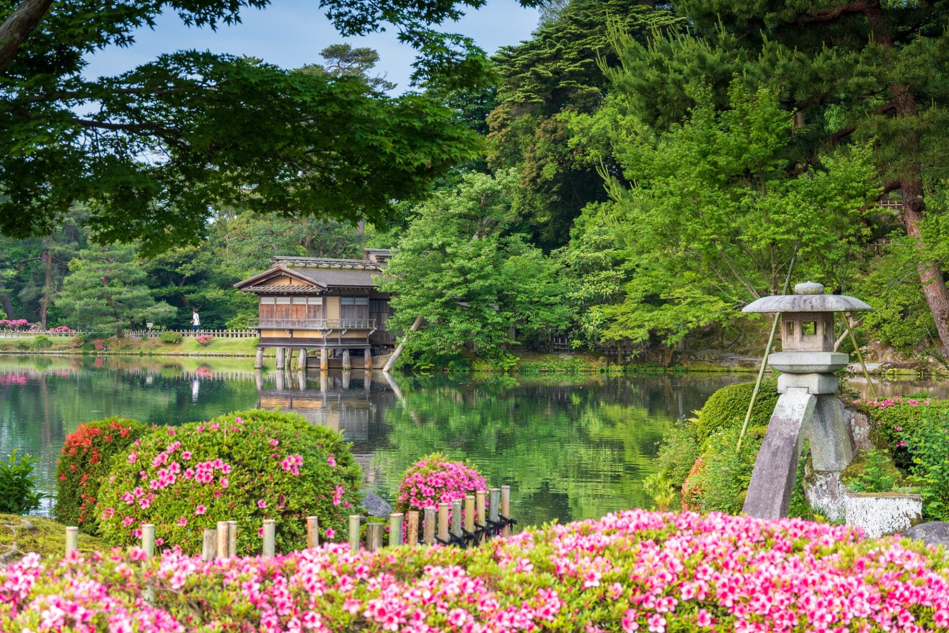緑が美しい晴れの兼六園の霞ヶ池とことじ灯篭