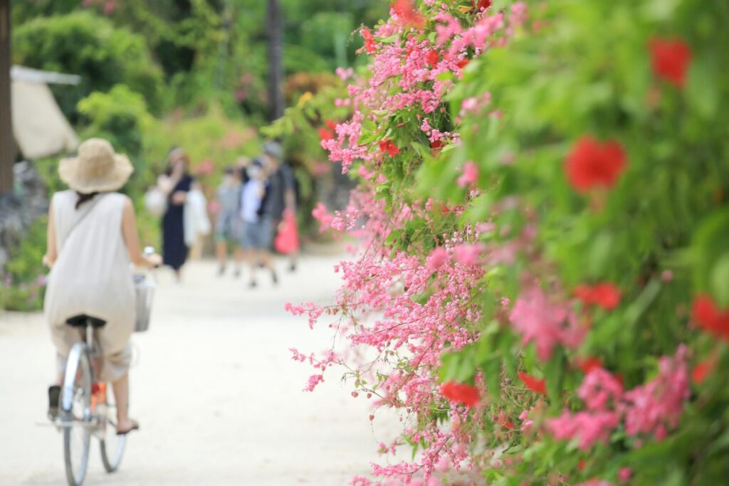 沖縄の竹富島で自転車移動する女性風景