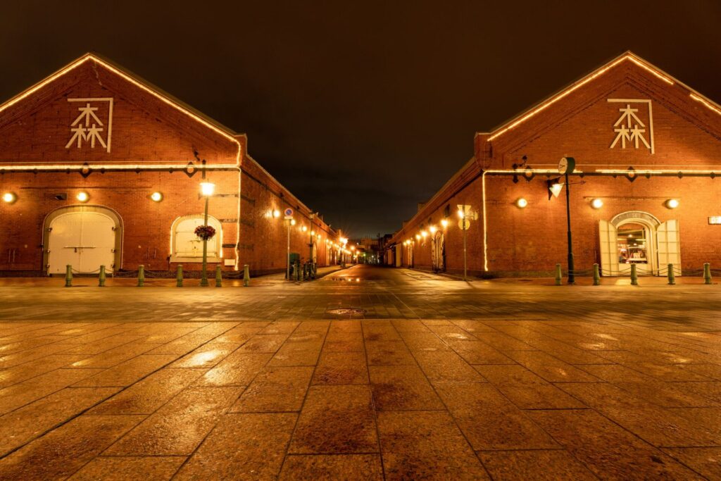 3月の函館の夜に金森赤レンガ倉庫を観光する