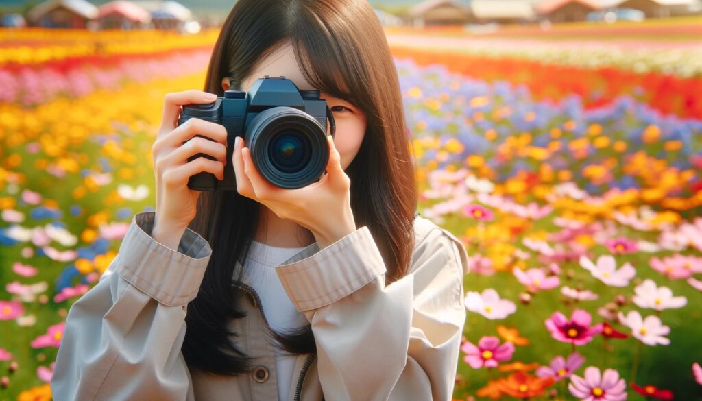 お花畑で写真を撮る女性
