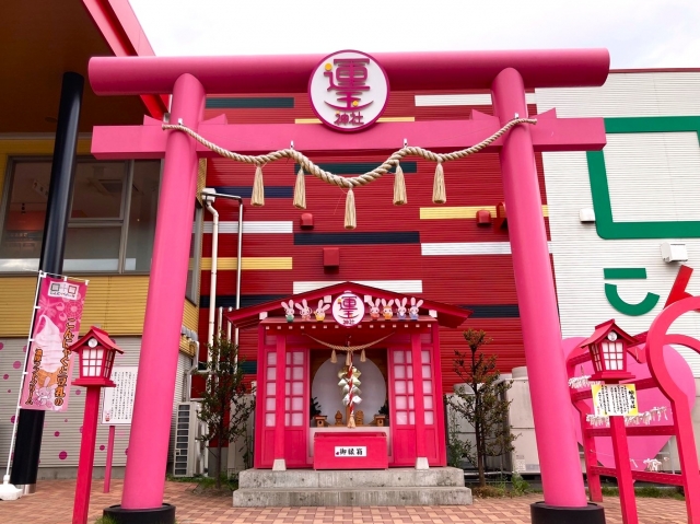 ユニークな観光スポット、こんにゃくパークのピンクの鳥居