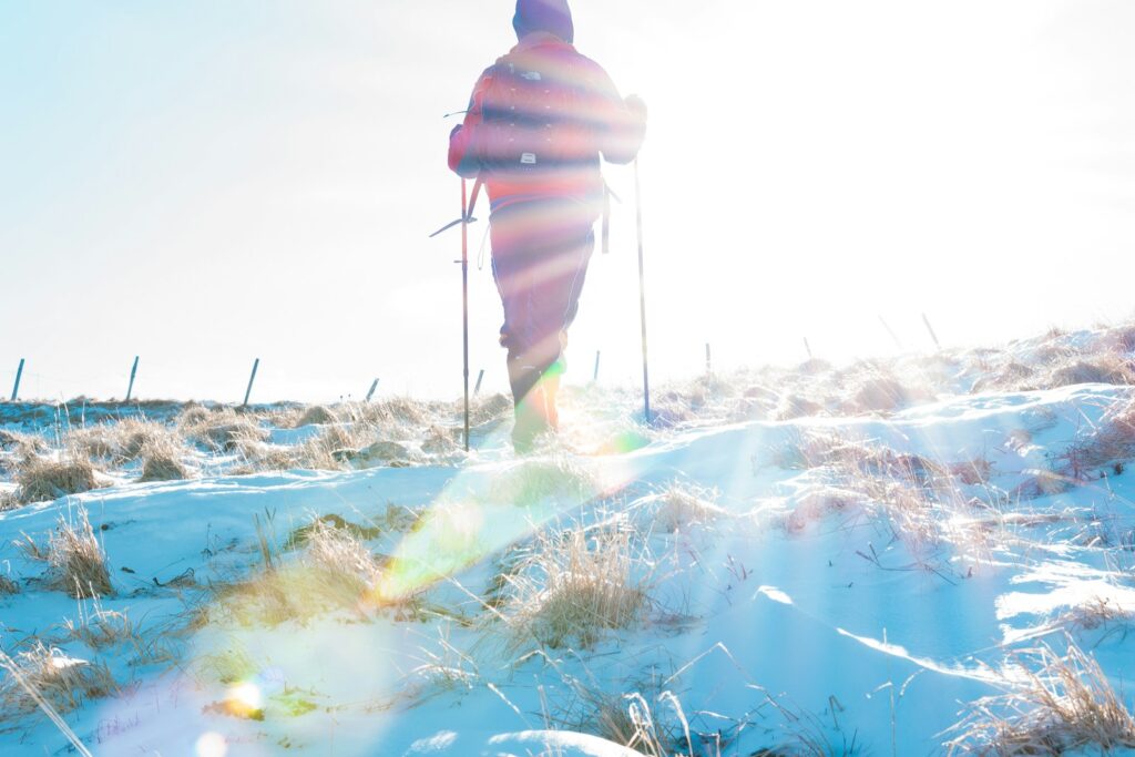 冬の白馬でシューハイク体験している観光客