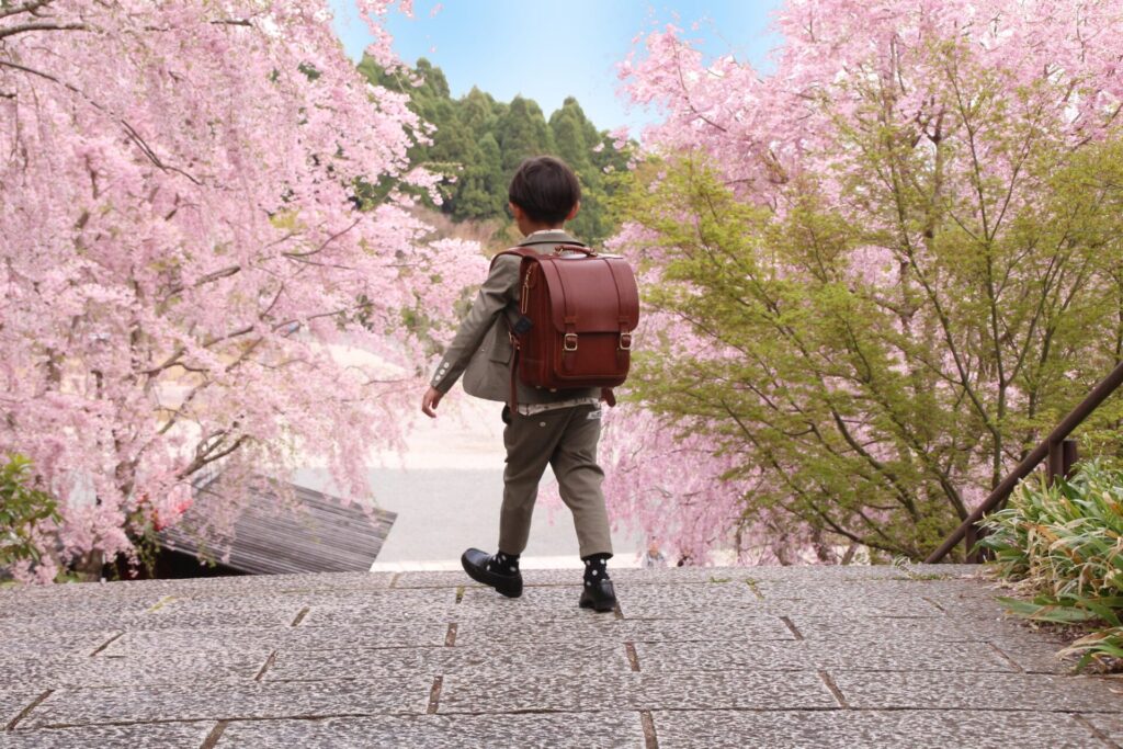 入学式を控える小学生と桜